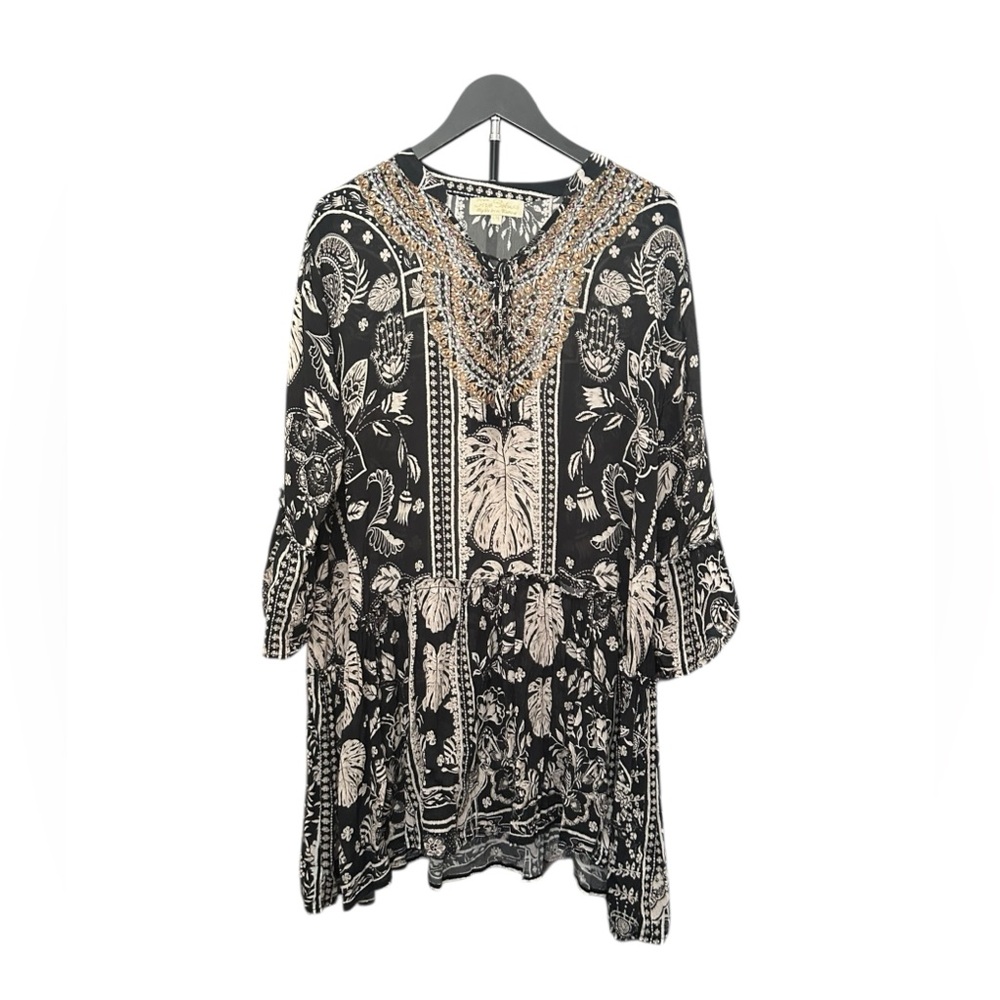 True Colours by La Moda Tropical Print Embellished Tunic Dress Coverup Boho L/XL